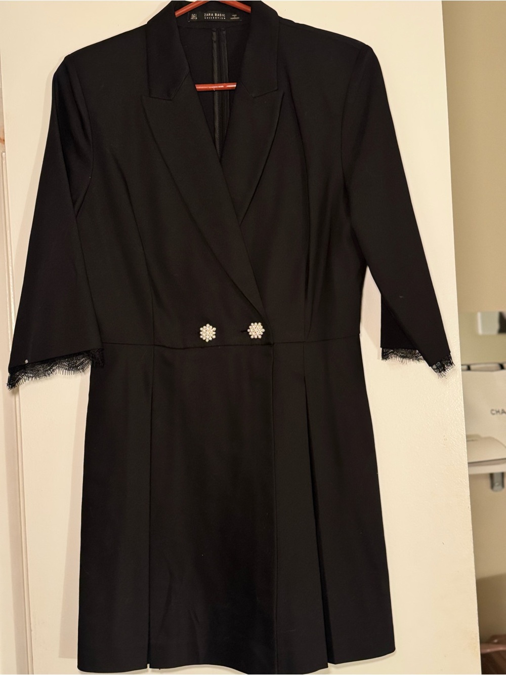 Zara Basic Black Blazer Skort Dress w Pearl Buttons Lace Cuffs